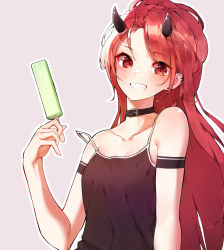 Rule 34 | 1girl, aknyeo, bare shoulders, black collar, black dress, breasts, collar, collarbone, copyright request, demon horns, dress, food, grey background, grin, highres, holding, holding food, horns, indie virtual youtuber, korean streamer, long hair, looking at viewer, outline, parted bangs, popsicle, red eyes, red hair, se.a, sharp teeth, sleeveless, sleeveless dress, small breasts, smile, solo, strap slip, streamers, teeth, upper body, very long hair, virtual youtuber, white outline