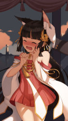 Rule 34 | 1girl, absurdres, animal ear fluff, animal ears, azur lane, bad id, bad pixiv id, bare shoulders, blanket, blunt bangs, blush, closed eyes, commentary request, dalian (1457091741), day, detached sleeves, dress, fox ears, gloves, grabbing another&#039;s ear, hair ornament, hand on another&#039;s ear, highres, lighthouse, long hair, long sleeves, nagato (azur lane), nose blush, open mouth, pleated dress, red dress, solo focus, strapless, strapless dress, very long hair, white gloves, white sleeves, wide sleeves