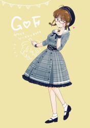 Rule 34 | 1girl, akizuki ritsuko, antenna hair, black bow, black footwear, black hat, black ribbon, black wristband, blush, bow, braid, breasts, brown eyes, brown hair, closed mouth, cornpotage00, dot nose, dress, dress bow, frilled dress, frills, full body, glasses, grey dress, hair bow, hair ribbon, hand on own cheek, hand on own face, hand up, hat, heart, highres, idolmaster, idolmaster (classic), idolmaster million live!, idolmaster million live! theater days, large breasts, leg up, long sleeves, looking at viewer, mary janes, neck ribbon, one eye closed, pink-framed eyewear, plaid, plaid dress, ribbon, sailor collar, shoes, simple background, smile, socks, solo, standing, standing on one leg, string of flags, twin braids, twintails, white sailor collar, white socks, yellow background