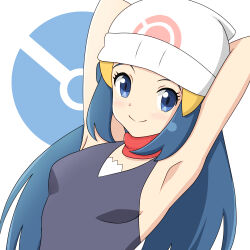 Rule 34 | 1girl, armpits, arms behind head, beanie, black hair, blue eyes, breasts, closed mouth, commentary request, creatures (company), dawn (pokemon), eyelashes, game freak, hair ornament, hairclip, hat, highres, long hair, nintendo, poke ball symbol, pokemon, pokemon dppt, scarf, shirt, sidelocks, sleeveless, sleeveless shirt, small breasts, smile, solo, try200277, upper body, white background, white hat