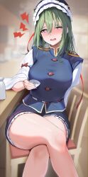 Rule 34 | 1girl, 258n, absurdres, bare legs, blue headwear, blue vest, blurry, blurry background, blush, breasts, breath, choko (cup), commentary, crossed legs, cup, drunk, feet out of frame, green hair, hair between eyes, highres, indoors, large breasts, looking at viewer, miniskirt, shiki eiki, sitting, skirt, solo, tokkuri, touhou, vest