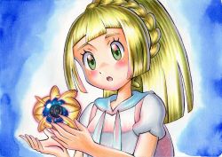 Rule 34 | 1girl, :o, blonde hair, blue background, blue sailor collar, blush, braid, commentary request, cosmoem, creatures (company), crown braid, eyelashes, game freak, gen 7 pokemon, green eyes, high ponytail, highres, legendary pokemon, lillie (pokemon), long hair, looking down, nintendo, oka mochi, open mouth, pokemon, pokemon (creature), pokemon sm, sailor collar, shirt, short sleeves, tongue, traditional media, white shirt