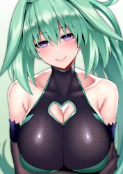 Rule 34 | 1girl, absurdres, breasts, cleavage, cleavage cutout, clothing cutout, colored skin, female focus, green heart (neptunia), heart cutout, highres, huge breasts, long hair, neptune (series), nyamota, purple eyes, smile, solo, upper body, vert (neptunia)