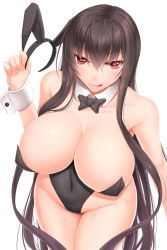Rule 34 | 1girl, akitsuki karasu, animal ears, bare arms, bare shoulders, black hair, breasts, cleavage, collarbone, detached collar, fake animal ears, heart, heart-shaped pupils, highleg, highleg leotard, highres, kurochijo, large breasts, leotard, licking lips, long hair, looking at viewer, original, playboy bunny, rabbit ears, red eyes, smile, solo, strapless, strapless leotard, symbol-shaped pupils, tongue, tongue out, very long hair, wrist cuffs