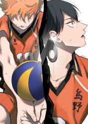 Rule 34 | 2boys, absurdres, ball, black hair, blue eyes, haikyuu!!, highres, hinata shouyou, kageyama tobio, looking away, male focus, mix (wkupmix), multiple boys, no eyes, open mouth, orange hair, profile, shaded face, sportswear, sweat, twitter username, volleyball, volleyball (object), volleyball uniform