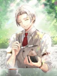 Rule 34 | 1boy, closed eyes, coffee, coffee cup, cup, cupcake, disposable cup, food, forehead, glasses, grey hair, grey vest, happy birthday, highres, male focus, mirin pengin, necktie, red necktie, shirt, short hair, smile, tears of themis, teeth, vest, vyn richter (tears of themis), white shirt