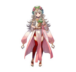 Rule 34 | 1girl, absurdres, artist request, choker, closed mouth, commentary request, dress, expressionless, fire emblem, fire emblem heroes, flower, flower pot, full body, gold trim, gradient clothes, grey hair, hair ornament, head tilt, highres, holding, jewelry, long hair, looking at viewer, nintendo, official art, pelvic curtain, red hair, red thighhighs, sandals, simple background, solo, thighhighs, tiara, toes, veronica (fire emblem), white background, wide sleeves