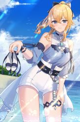 Rule 34 | 1girl, bare shoulders, beach, belt, blonde hair, blouse, blue eyes, blue shirt, blue sky, blush, bow, breasts, casual, cloud, cloudy sky, day, detached sleeves, unworn footwear, frilled sleeves, frills, genshin impact, hair bow, half-closed eyes, high-waist shorts, high heels, highres, jean (genshin impact), jean (sea breeze dandelion) (genshin impact), kuwahara taiki, long hair, looking at viewer, ocean, outdoors, partially submerged, ponytail, sandals, unworn sandals, shirt, short shorts, shorts, sky, small breasts, smile, standing, sunlight, thighs, white shorts