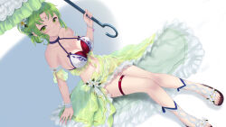 Rule 34 | 1girl, alternate breast size, armband, bikini, blush, breasts, cait aron, cleavage, closed mouth, collarbone, dutch angle, fire emblem, fire emblem: the sacred stones, fire emblem heroes, flower, frilled armband, frills, gloves, gradient clothes, green eyes, green hair, green sarong, hair flower, hair ornament, highres, holding, holding umbrella, l&#039;arachel (fire emblem), l&#039;arachel (summer) (fire emblem), large breasts, long hair, looking at viewer, nintendo, official alternate costume, parasol, sarong, see-through, see-through sarong, shadow, smile, solo, swimsuit, toes, umbrella, white background, white bikini