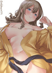Rule 34 | 1girl, blue eyes, blush, breasts, breasts apart, collarbone, commentary request, drill hair, ebifurya, groin, hair between eyes, hair down, hakama, hakama skirt, hatakaze (kancolle), highres, japanese clothes, kantai collection, kimono, light brown hair, long hair, looking at viewer, lying, medium breasts, meiji schoolgirl uniform, naked kimono, navel, no bra, no panties, on back, parted lips, ponytail, short hair, simple background, skirt, solo, twitter username, wavy hair, white background, wide sleeves, yellow kimono
