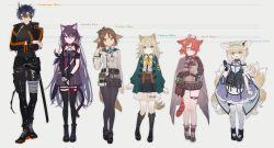 1boy, 5girls, absurdres, ahoge, animal ear fluff, animal ears, arknights, armband, asymmetrical gloves, asymmetrical hair, bag, bandage, bandaged leg, bandages, belt, black belt, black bow, black choker, black footwear, black gloves, black jacket, black legwear, black nails, black pants, black shirt, black skirt, black vest, blonde hair, blue eyes, blue gloves, blue hair, blue neckwear, blue skirt, blush, boots, bow, braid, breasts, brown eyes, brown footwear, brown gloves, brown hair, brown legwear, brown shirt, cat ears, cat tail, character name, choker, closed mouth, collarbone, collared shirt, commentary, criss-cross halter, cropped jacket, cross-laced footwear, crossed arms, dagger, demon horns, diagonal-striped bow, dog ears, dog tail, dress, earpiece, elbow gloves, expressionless, eyebrows visible through hair, fingerless gloves, flamebringer (arknights), flat chest, fox ears, fox tail, frilled skirt, frills, full body, glasses, gloves, green eyes, green jacket, grey background, hair between eyes, hair bow, hair over one eye, hair ribbon, hair rings, hairband, halterneck, hammer, hands together, height chart, highres, holster, horns, id card, infection monitor (arknights), jacket, ji mag (artist), katana, knee boots, lanyard, leather, leather gloves, light brown hair, long hair, looking at viewer, mary janes, medium breasts, medium hair, melantha (arknights), miniskirt, multicolored, multicolored eyes, multiple belts, multiple girls, multiple tails, myrrh (arknights), nail polish, neck ribbon, off-shoulder dress, off shoulder, open clothes, open jacket, open mouth, orange eyes, oripathy lesion (arknights), outline, pants, pantyhose, perfumer (arknights), pink hair, pink ribbon, pleated skirt, pliers, podenco (arknights), ponytail, purple dress, purple eyes, purple hair, ribbed legwear, ribbon, round eyewear, scabbard, scissors, see-through, see-through skirt, sheath, sheathed, shirt, shoes, short dress, short hair, shoulder bag, shovel, simple background, single glove, skirt, sleeveless, sleeveless shirt, small breasts, smile, socks, standing, straight hair, suzuran (arknights), sword, tactical clothes, tail, taut clothes, taut shirt, test tube, thigh holster, thigh pouch, thigh strap, thighhighs, thighs, torn clothes, torn legwear, utility belt, vest, weapon, white dress, white jacket, white legwear, white shirt, wing collar, wrist cuffs, wristband, yellow eyes, yellow neckwear, zettai ryouiki, zipper footwear