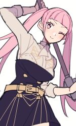 Rule 34 | 1girl, ascot, axe, belt, blush, breasts, buttons, closed mouth, commentary request, do m kaeru, female focus, fire emblem, fire emblem: three houses, garreg mach monastery uniform, hilda valentine goneril, holding, holding axe, holding weapon, long hair, looking at viewer, matching hair/eyes, medium breasts, nintendo, one eye closed, pink eyes, pink hair, simple background, sleeves rolled up, smile, solo, twintails, uniform, weapon, white ascot, white background, wink, yellow belt