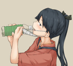 Rule 34 | 1girl, black eyes, black hair, black ribbon, blush, bottle, chagamaka, from side, grey background, hair ribbon, holding, holding bottle, houshou (kancolle), japanese clothes, kantai collection, long hair, mask, mask pull, mouth mask, open mouth, ponytail, profile, ribbon, simple background, solo, surgical mask, sweat, tasuki, upper body, water bottle, white mask, wide sleeves