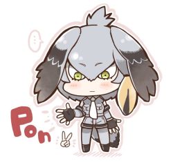 Rule 34 | ..., 10s, 1girl, bird tail, black footwear, black hair, blush, chibi, closed mouth, commentary request, fingerless gloves, full body, gloves, green eyes, grey jacket, grey pantyhose, head wings, jacket, kemono friends, layered sleeves, long sleeves, looking down, necktie, outline, pantyhose, rock paper scissors, shoebill (kemono friends), shoes, short over long sleeves, short sleeves, silver hair, simple background, solo, spoken ellipsis, standing, tail, tanaka kusao, topknot, white background, white necktie, wings