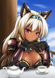 Rule 34 | 10s, 1girl, ahoge, animal ears, arm guards, armor, blonde hair, blue sky, blurry, blush, breasts, brown gloves, capelet, cat ears, chair, cleavage, closed mouth, cup, dark skin, dark-skinned female, day, depth of field, detached collar, drink, elbow gloves, erune, gloves, gradient hair, granblue fantasy, hair tubes, hairband, heles, large breasts, liquid, long hair, looking at viewer, loussier666, multicolored hair, red eyes, red hair, saucer, shoulder pads, sky, smile, solo, table, tea, teacup, teapot, tsurime