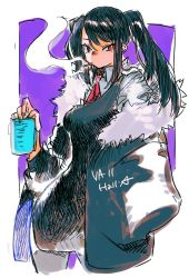 Rule 34 | 1girl, border, bright pupils, coat, copyright name, fingernails, fur-trimmed coat, fur trim, hair between eyes, hatching (texture), holding, jill stingray, long hair, necktie, pdozip, red eyes, red necktie, sketch, smoke, smoking, solo, twintails, va-11 hall-a, white border, white pupils