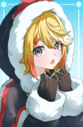 Rule 34 | 1girl, :o, azusa (azunyan12), black gloves, black jacket, blue background, blue eyes, blush, colored tips, cosplay, fur-trimmed hood, fur-trimmed jacket, fur-trimmed sleeves, fur trim, gloves, hair ornament, hairclip, hands up, hatsune miku, highres, hood, hood up, hooded jacket, jacket, kagamine rin, long sleeves, looking at viewer, multicolored hair, open mouth, red hair, sleeves past wrists, solo, streaked hair, upper body, vocaloid, yuki miku, yuki miku (2022), yuki miku (cosplay), yuki rin
