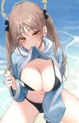 Rule 34 | 1girl, 1yu x, bikini, black bikini, blue archive, blue sweater, bow, breasts, brown eyes, brown hair, hair bow, halo, highres, large breasts, long hair, moe (blue archive), moe (swimsuit) (blue archive), mouth hold, navel, sitting, solo, stomach, sweater, swimsuit, teeth hold, thighs, water, yellow halo