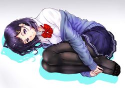 Rule 34 | 1girl, black hair, black pantyhose, blue jacket, blue skirt, bow, hair ornament, hairclip, hugging own legs, jacket, konekoneko (pixiv 21272648), looking at viewer, lying, no shoes, on side, original, pantyhose, red bow, red neckwear, school uniform, shirt, simple background, skirt, smile, solo, white background, white shirt