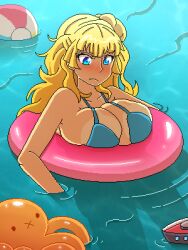 1girl ball beachball bikini bikini_top_only blonde_hair blue_eyes blush breasts galko huge_breasts oshiete!_galko-chan solo swimsuit tan tanline water