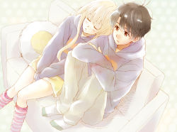 Rule 34 | 10s, 1boy, 1girl, aldnoah.zero, asseylum vers allusia, blonde hair, brown eyes, brown hair, closed eyes, couch, hase kurayu, kaizuka inaho, leaning on person, leaning to the side, long hair, short hair, side-by-side, sitting, sleeping, sleeping on person