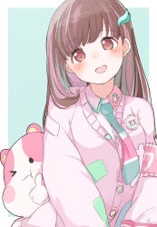 Rule 34 | 1girl, alternate hairstyle, badge, blush, border, breasts, brown eyes, brown hair, button badge, closed mouth, dot nose, green background, hair ornament, hairclip, hamster, highres, idolmaster, idolmaster shiny colors, idolmaster shiny colors song for prism, jacket, large breasts, long sleeves, looking at viewer, necktie, one eye closed, open mouth, outside border, pink jacket, pink sash, pink shirt, raichita, sash, shirt, simple background, smile, solo, sonoda chiyoko, thumbs up, two-tone necktie, upper body, white border