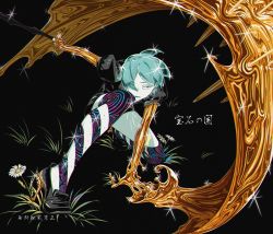 Rule 34 | 1other, androgynous, black background, colored eyelashes, commentary request, copyright name, crystal hair, flower, gem uniform (houseki no kuni), gold, golden arms, grass, green eyes, green hair, highres, holding, holding sword, holding weapon, houseki no kuni, kamezaemon, molten metal, open mouth, phosphophyllite, short hair, short sleeves, shorts, simple background, solo, sparkle, sword, translation request, weapon, white flower