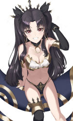 Rule 34 | 1girl, :d, bare shoulders, bikini, black hair, black panties, black ribbon, black thighhighs, breasts, cleavage, collarbone, detached sleeves, earrings, fate/grand order, fate (series), feet out of frame, from above, grin, hair ribbon, heavenly boat maanna, highres, hoop earrings, ishtar (fate), jewelry, long hair, looking at viewer, looking up, medium breasts, mismatched bikini, monon, navel, open mouth, panties, parted bangs, red eyes, ribbon, simple background, single detached sleeve, single thighhigh, smile, solo, stomach, strapless, strapless bikini, swimsuit, teeth, thighhighs, two side up, underwear, very long hair, white background, white bikini