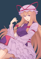 Rule 34 | 1girl, black background, blonde hair, bow, breasts, crossed legs, dress, frilled dress, frilled sleeves, frills, hair between eyes, hair bow, hat, hat ribbon, highres, kakone, large breasts, long hair, long sleeves, looking at viewer, mob cap, multiple bows, open mouth, purple eyes, red bow, red ribbon, ribbon, simple background, sitting, smile, solo, tabard, touhou, white dress, white hat, wide sleeves, yakumo yukari