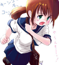 Rule 34 | 1girl, between breasts, blue sailor collar, blue skirt, breasts, brown hair, clenched hands, green eyes, long hair, lowres, original, over shoulder, pleated skirt, ponytail, running, sailor collar, school uniform, serafuku, simple background, skirt, solo, st+1, strap between breasts, sweatdrop, white background