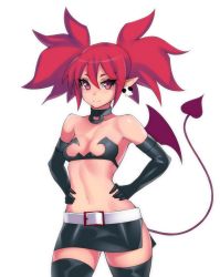Rule 34 | 1girl, alternate breast size, breasts, choker, demon girl, demon tail, demon wings, disgaea, earrings, elbow gloves, etna (disgaea), gloves, hands on own hips, hevn, jewelry, leather, leather gloves, looking at viewer, midriff, miniskirt, navel, red eyes, red hair, short eyebrows, simple background, skirt, skull earrings, small breasts, smile, solo, tail, thighhighs, thighs, twintails, white background, wings