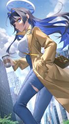 Rule 34 | 1girl, absurdres, bag, between breasts, black hair, blue eyes, blue hair, blue pants, blush, breasts, brown coat, coat, colored inner hair, commentary, cup, denim, disposable cup, halo, hand in pocket, handbag, highres, holding, holding cup, hololive, hololive english, jeans, jyuma, large breasts, long hair, looking at viewer, mechanical halo, multicolored hair, open clothes, open coat, ouro kronii, pants, shirt, torn clothes, torn pants, virtual youtuber, white shirt