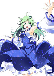 Rule 34 | 1girl, :d, adapted costume, armpits, bare shoulders, breasts, detached sleeves, dress, female focus, frilled skirt, frills, frog hair ornament, green eyes, green hair, hair ornament, hair tubes, kiku hitomoji, kochiya sanae, long hair, matching hair/eyes, open mouth, sideboob, simple background, skirt, skirt set, smile, solo, touhou, white background