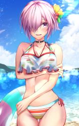 Rule 34 | 1girl, bare shoulders, bikini, breasts, cleavage, collarbone, fate/grand order, fate (series), hair over one eye, herigaru (fvgyvr000), highres, large breasts, light purple hair, looking at viewer, mash kyrielight, mash kyrielight (swimsuit of perpetual summer ver.02), multicolored bikini, multicolored clothes, navel, official alternate costume, purple eyes, rainbow bikini, see-through, short hair, solo, striped bikini, striped clothes, swimsuit, thighs