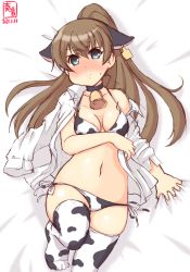Rule 34 | 1girl, alternate costume, animal ears, animal print, artist logo, bed sheet, bell, bikini, black choker, blue eyes, blush, breasts, brown hair, choker, collarbone, collared shirt, commentary request, cow ears, cow print, cowbell, dated, dress shirt, highres, kanon (kurogane knights), kantai collection, kumano (kancolle), long hair, long sleeves, looking at viewer, lying, medium breasts, navel, neck bell, on back, open clothes, open shirt, ponytail, print bikini, print thighhighs, sheet grab, shirt, solo, stomach, sweat, swimsuit, thighhighs, white shirt