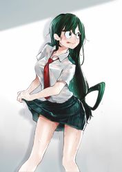 Rule 34 | 1girl, :&gt;, asui tsuyu, black eyes, black hair, black skirt, blouse, boku no hero academia, breasts, commentary request, frog girl, green hair, hair between eyes, hair rings, highres, holding, holding clothes, holding skirt, hyuu (sing-dog), long hair, looking at viewer, looking to the side, low-tied long hair, necktie, pleated skirt, red necktie, school uniform, see-through, shirt, short sleeves, skirt, solo, standing, tongue, tongue out, wet, wet clothes, wet shirt, white shirt