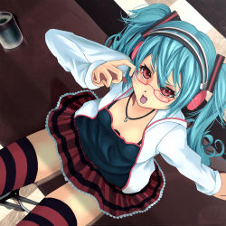 Rule 34 | 1girl, aqua hair, from above, glasses, harada isuka, hatsune miku, headphones, highres, jewelry, kocchi muite baby (vocaloid), long hair, necklace, open mouth, project diva (series), project diva 2nd, red eyes, sitting, skirt, solo, striped clothes, striped thighhighs, thighhighs, twintails, vocaloid