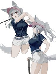 Rule 34 | 1girl, :o, animal ears, ass, belt, black shirt, breasts, brown eyes, cropped legs, fingerless gloves, gloves, grey hair, hand on own hip, highres, holding, kawachi rin, large breasts, long hair, looking away, multiple views, open mouth, original, ponytail, shirt, shirt tucked in, short shorts, short sleeves, shorts, simple background, tail, thighs, visor cap, white background, white gloves, white shorts, wolf ears, wolf girl, wolf tail