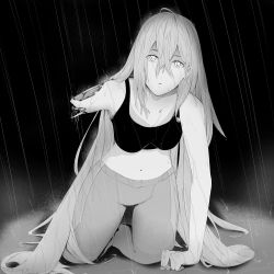 Rule 34 | 1girl, absurdres, android, bare shoulders, black bra, bra, breasts, collarbone, greyscale, highres, kneeling, long hair, looking at viewer, mechanical arms, mechanical parts, monochrome, night, puddle, rain, resolution mismatch, seiza, severed arm, severed limb, sitting, source smaller, underwear, very long hair, vivy, vivy: fluorite eye&#039;s song, wet, wet clothes, wet hair