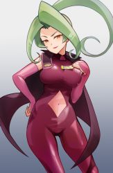 Rule 34 | 1girl, absurdres, arm warmers, banka (pixiv21424331), bodysuit, breasts, cape, commission, dinosaur king, gradient background, green hair, hand on own hip, high ponytail, highres, large breasts, lipstick, long hair, looking at viewer, makeup, navel, orange eyes, pink bodysuit, pixiv commission, solo, standing, ticket, usarapa