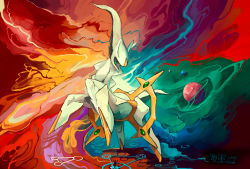 Rule 34 | 10s, 2010, abstract background, arceus, arms up, bad deviantart id, bad id, commentary, creatures (company), floating, game freak, gen 4 pokemon, kimbo-demonica, legendary pokemon, looking at viewer, mythical pokemon, nintendo, no humans, planet, pokemon, pokemon (creature), red eyes, signature, solo