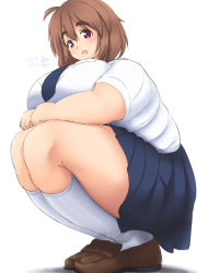 Rule 34 | 1girl, breasts, brown hair, eno konoe, fat, full body, huge breasts, looking at viewer, mikomu, open mouth, original, red eyes, skirt, smile, solo, squatting, thick eyebrows, thick thighs