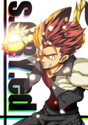 Rule 34 | 00s, 1boy, alter form, chaigidhiell, copyright name, grin, highres, jacket, kazuma (scryed), male focus, power fist, red eyes, red hair, red shirt, scryed, shell bullet, shirt, smile, solo, spiked hair