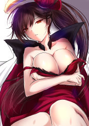 Rule 34 | 1girl, akeyama kitsune, arms under breasts, azur lane, bare shoulders, breasts squeezed together, breasts, brown eyes, brown hair, cleavage, dress, hair ornament, half-closed eyes, katana, large breasts, long hair, looking at viewer, lying, no bra, on back, parted lips, red dress, side ponytail, solo, sword, thighs, weapon, zuikaku (azur lane)