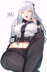 Rule 34 | 1girl, ak-12 (girls&#039; frontline), asakawa (outeq), black gloves, black pants, blush, breasts, character name, crossed legs, eyelashes, girls&#039; frontline, gloves, glowing, glowing eye, grey background, hair ribbon, highres, hip bones, large breasts, long hair, long sleeves, midriff, navel, one eye closed, open mouth, pants, partially fingerless gloves, ribbon, silver hair, simple background, solo