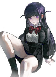 Rule 34 | 1girl, absurdres, arms at sides, black skirt, black socks, bow, bowtie, breast pocket, breasts, collared shirt, commentary, ernest (user yxnx5882), feet out of frame, grey jacket, high-waist skirt, highres, invisible chair, jacket, leaning back, leg up, long hair, long sleeves, looking at viewer, medium breasts, miniskirt, no shoes, panties, pantyshot, parted lips, pleated skirt, pocket, purple eyes, purple hair, red bow, red bowtie, school uniform, seishou music academy uniform, shirt, shirt tucked in, shoujo kageki revue starlight, sidelocks, simple background, sitting, skirt, socks, solo, tsuyuzaki mahiru, two side up, underwear, upskirt, very long hair, white background, white panties, white shirt