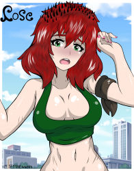 Rule 34 | absurdres, breasts, cpt.tester works, embarrassed, freckles, green eyes, highres, large breasts, midriff, nail polish, pink nails, quill, red hair, rose (cpt.tester), scar, tank top