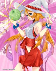 Rule 34 | 1girl, bare shoulders, blonde hair, blue eyes, bracelet, cardfight!! vanguard, company name, food, fruit, hat, highres, jewelry, long hair, melon, nail polish, official art, open mouth, rurio shinonome, solo, upper body, witch hat, witch of melons thyme