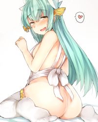 Rule 34 | 1girl, apron, ass, blush, breasts, butt crack, eyebrows, fate/grand order, fate (series), green hair, hair ornament, heart, jirou (tamaho39), kiyohime (fate), kneeling, long hair, looking back, naked apron, naughty face, no panties, open mouth, sideboob, simple background, sitting, smile, solo, speech bubble, spoken heart, thighhighs, wariza, white background, white thighhighs, yellow eyes