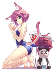 Rule 34 | 1girl, animal ears, ass, bandana, barefoot, casual one-piece swimsuit, cat ears, cat tail, clothing cutout, feet, flag, food, hirano katsuyuki, kneeling, kooribata, looking back, one-piece swimsuit, panda, shaved ice, simple background, solo, sweat, swimsuit, tail, tail through clothes, tiptoes